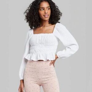 Wild Fable White Puff Long Sleeve Square Neck Smocked Waist Top